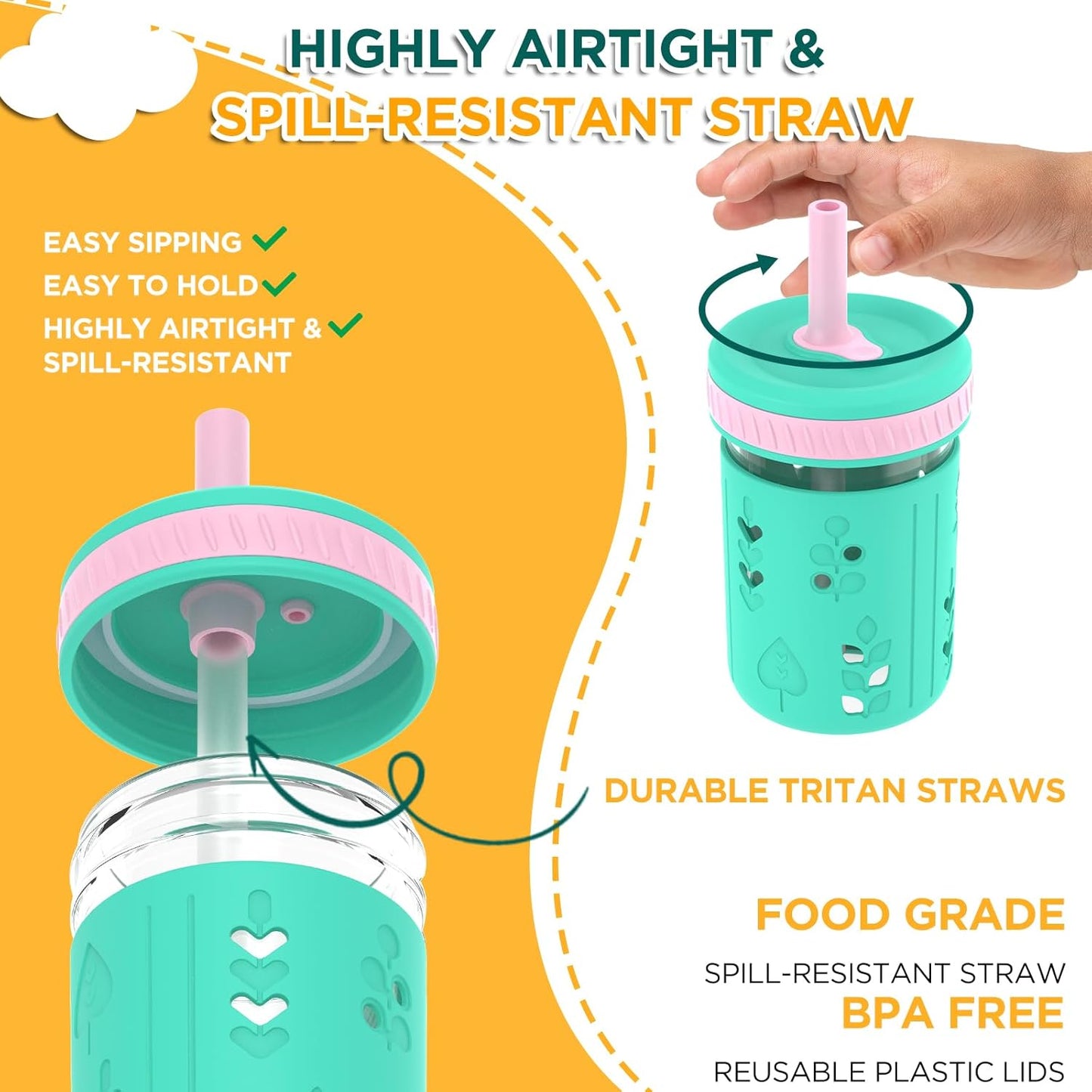 Tronco 8 oz Glass Sippy Cup for Toddlers, Kids Mason Jar Smoothie Cup with Silicone Sleeves & Spill