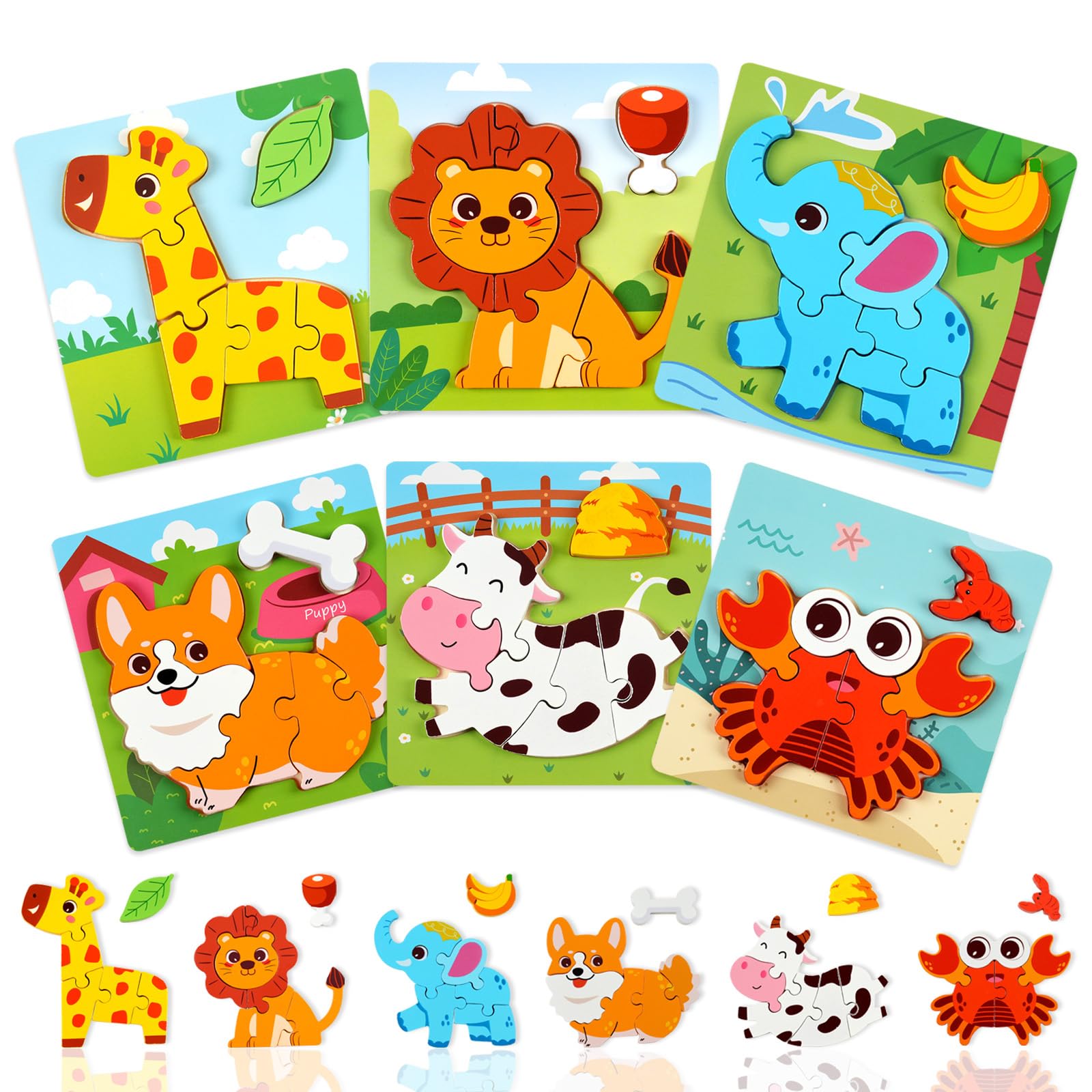 YUNCHY Wooden Puzzles for Toddlers 1-3, 6pcs Animal Jigsaw Puzzles for Toddlers, Montessori