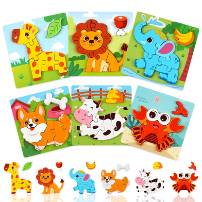 YUNCHY Wooden Puzzles for Toddlers 1-3, 6pcs Animal Jigsaw Puzzles for Toddlers, Montessori