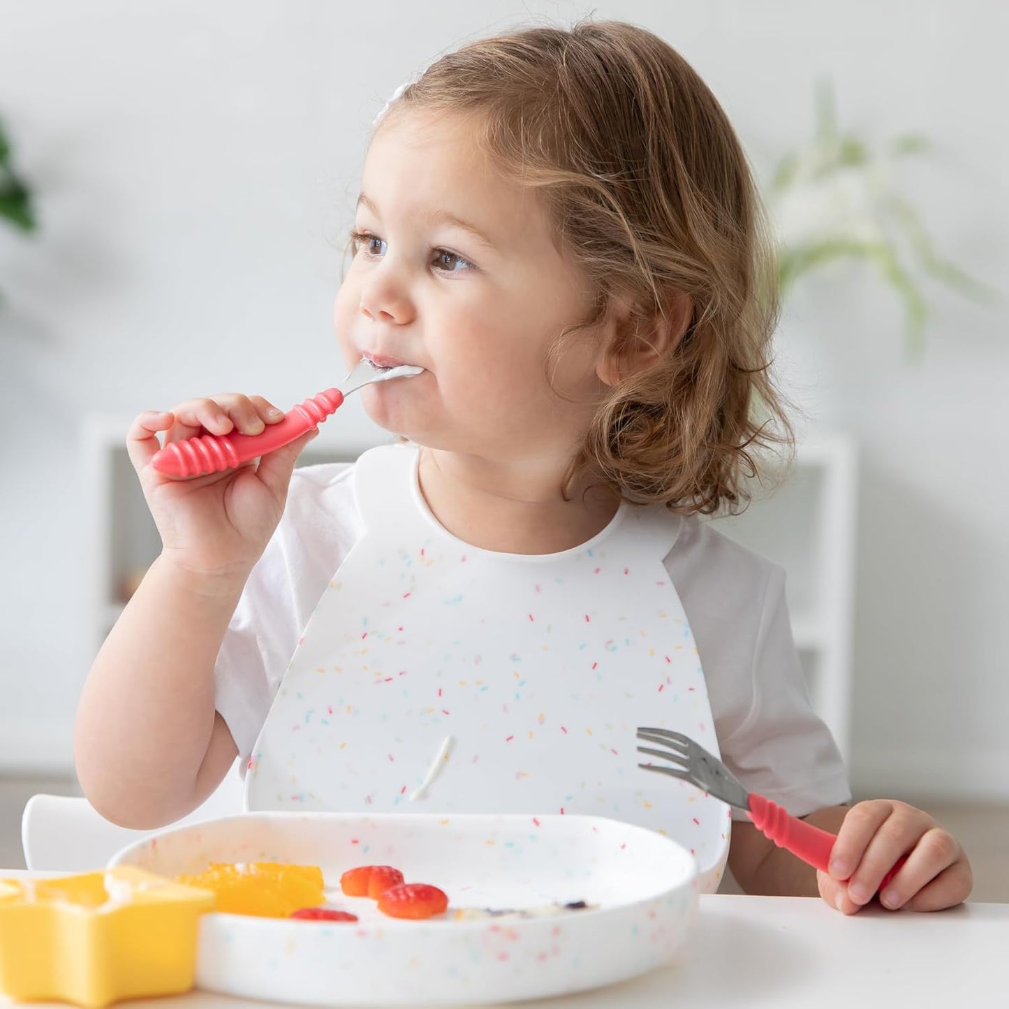 Bumkins Toddler Utensils, Kids Size Fork and Spoon Set, Silicone and Stainless-Steel Training Silverware, Angled Forks / Sporks for Self-Feeding, Children Hold Learning to Eat, 18 Months Up, Red