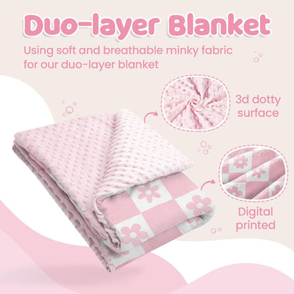 Daisy Minky Baby Blanket 30 x 40 Inches for Girls, Soft Plush Receiving Blanket with Dotted Back