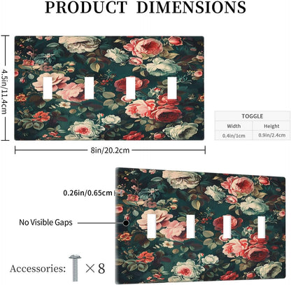 Light Switch Covers Baroque Vintage Peony Flower Floral Quad Toggle Electrical Faceplate 4 Gang Wall Plate Decorative Switch Plates for Bedroom Farmhouse Decor