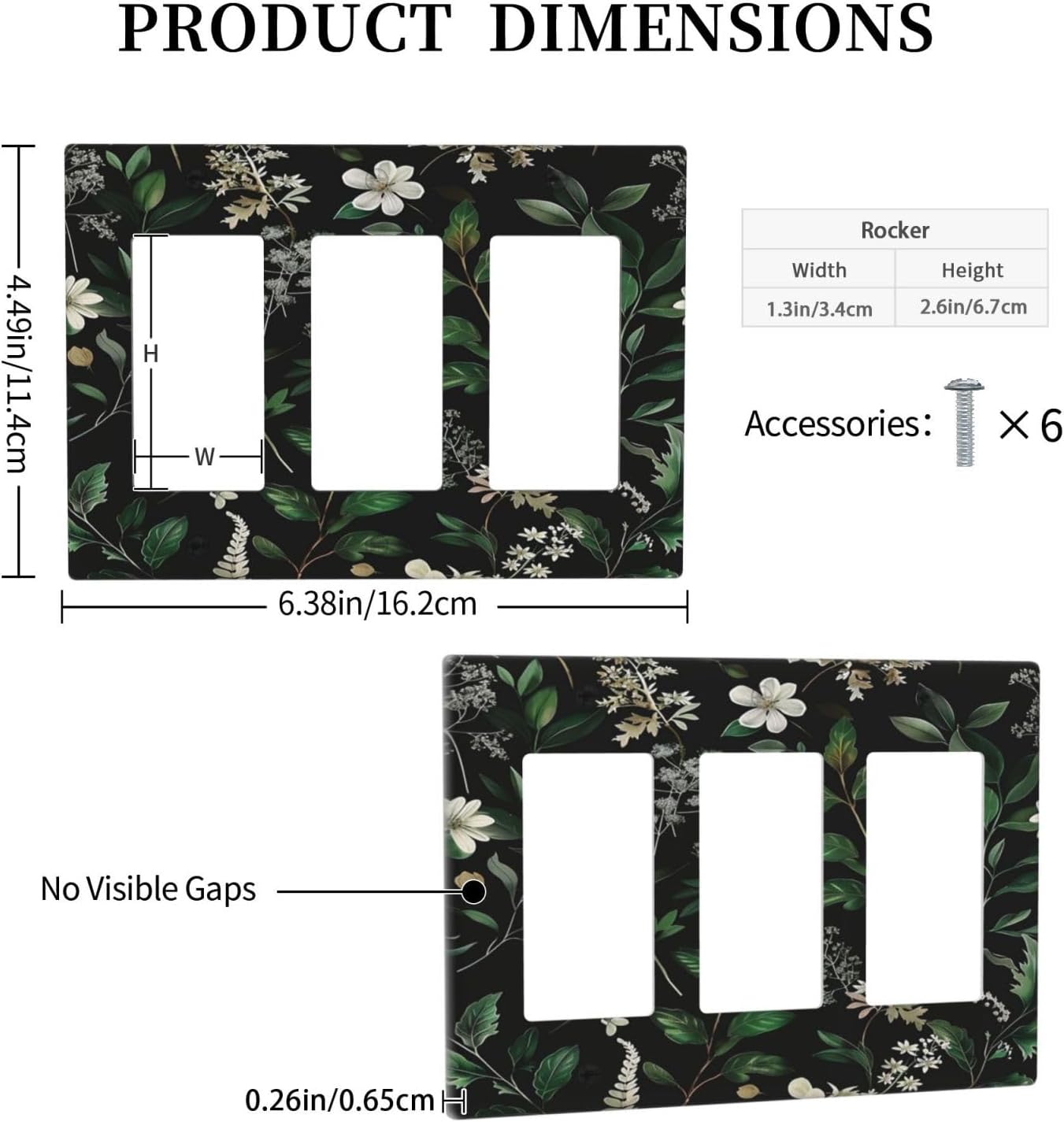 Decorative Outlet Covers Rustic Green Leaves White Flower 3 Gang Wall Plate Triple Rocker Light Switch Cover Plate Jumbo Electrical GFCI Faceplate for Country Bedroom Home Decor