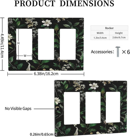 Decorative Outlet Covers Rustic Green Leaves White Flower 3 Gang Wall Plate Triple Rocker Light Switch Cover Plate Jumbo Electrical GFCI Faceplate for Country Bedroom Home Decor