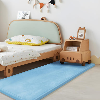 Play Mat for Babies Toddlers,1.3" Thick Elasti-Foam Anti-Fall Cushion Mat for Kids Room,28×72 Bedroom Bedside Rugs,Water-Repellent Soft Coral Velvet(Light Blue)
