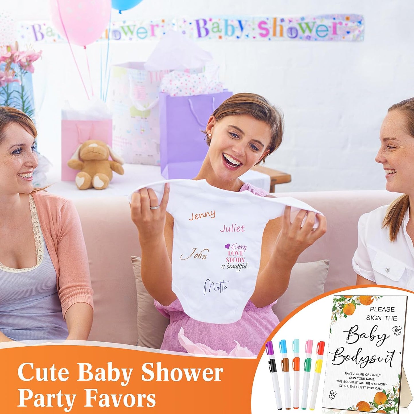 Qunclay 12 Pcs Baby Bodysuit Baby Shower Game Include 1 Game Wooden Sign Tabletop Decor 1 White Blank Newborn Bodysuit 10 Fabric Marker for Gender Reveal Party(Orange)