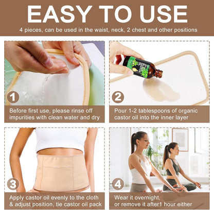 4 Pcs Castor Oil Pack Wrap Organic Cotton for Liver Detox, Stomach, Belly, Neck, Breast & Entire