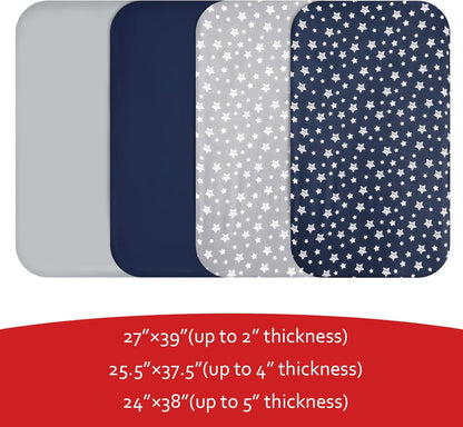 Pack and Play Sheets Boys, 4 Pack Mini Crib Sheets, Stretchy Pack and Play Playard Fitted Sheet