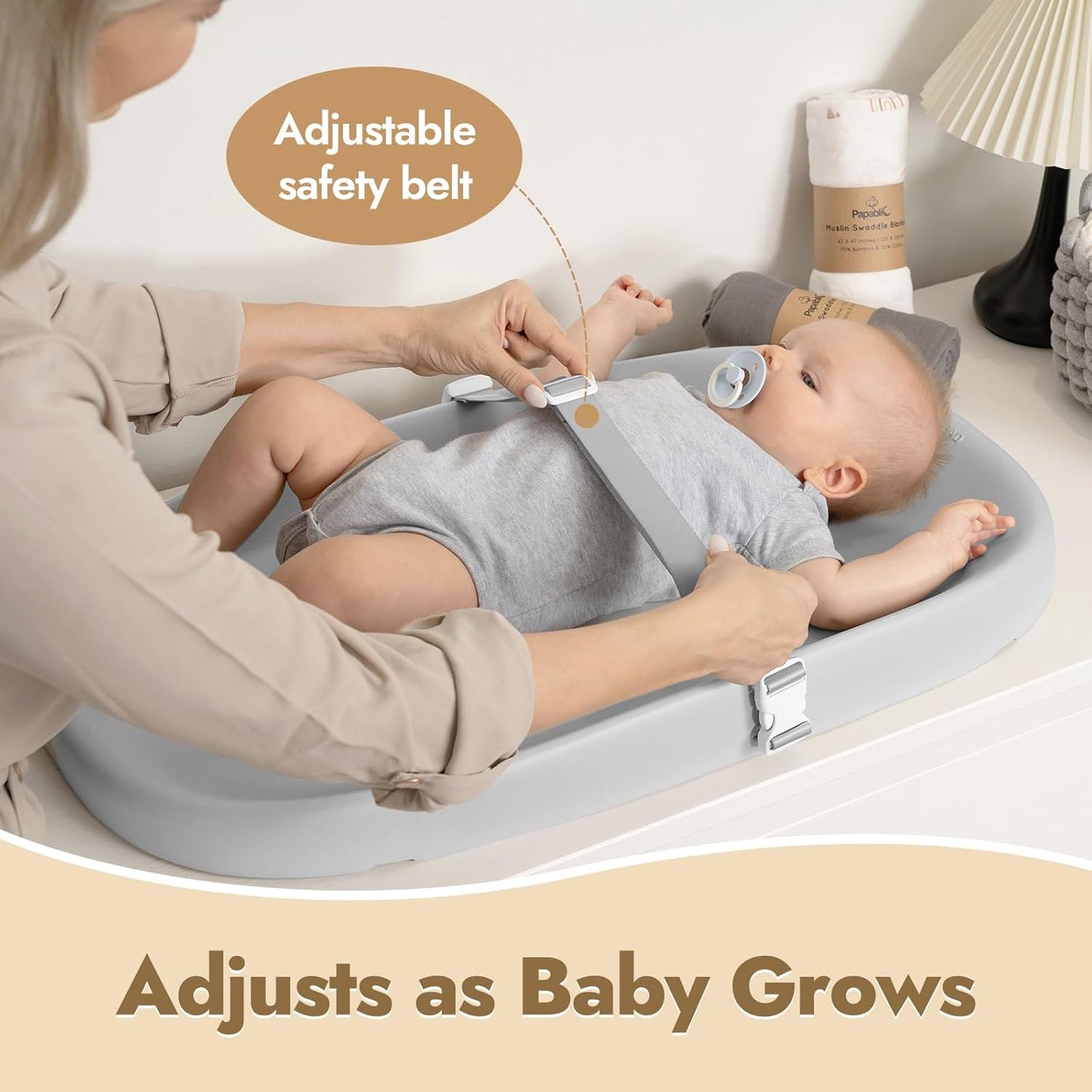 Papablic Wipeable Baby Changing Pad with Removable Safety Strap, Easy to Clean & Non-Slip Waterproof, Changing Pad for Dresser,Bed