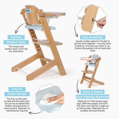 Cowiewie Natural Wooden High Chair for Babies & Toddlers 3-Tier Remove & Adjustable Tray, 8
