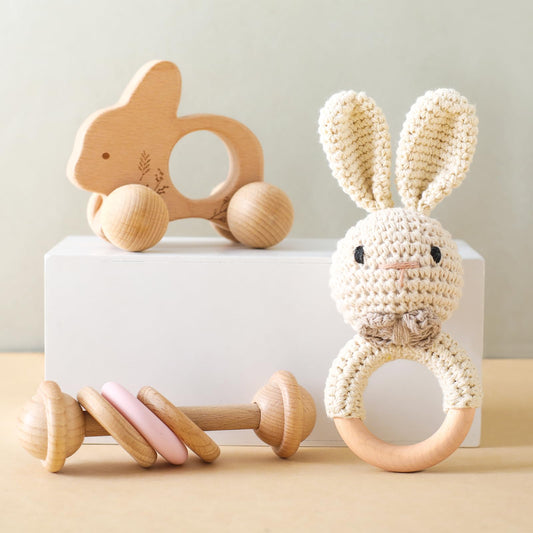 let's make Wooden Baby Rattle 3 PCS Push Car Rattle Set Crochet Rattle Ring Wooden Montessori Toy