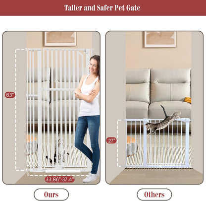 Glaf Extra Tall Pressure Mounted Pet Gate 63" With Cat Door - Adjustable Width 33.86-37.4" Metal Safety Gate for Dogs and Cats - Auto-Close for Doorways, Stairs, Kitchen, Hallway (White)