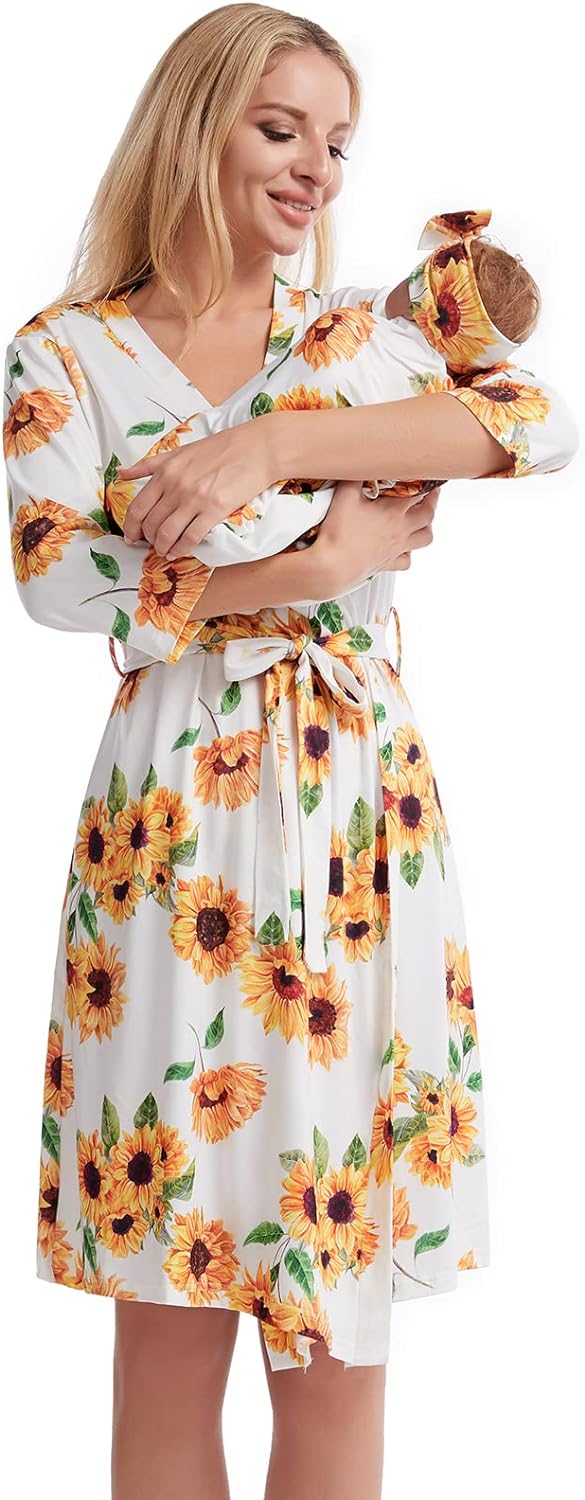 Galabloomer Maternity Robe and Baby Receiving Blanket, Matching Mommy Labor Delivery Robe and Swaddle Set