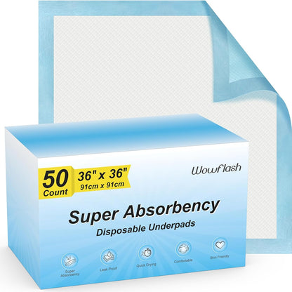 50 Count 36" x 36" Super Absorbency Disposable Underpads - Leakproof Quick Drying Pads for Baby