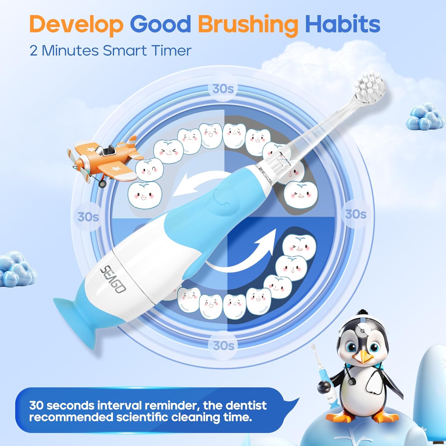 SEAGO Toddler Electric Toothbrushes for Baby Ages 0-3 Years, Baby Toothbrush with Smart Timer and
