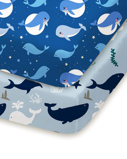 Pack and Play Sheets Fitted, Navy Whale+Blue, Ultra Soft, Breathable and Cozy, Hypoallergenic, 2