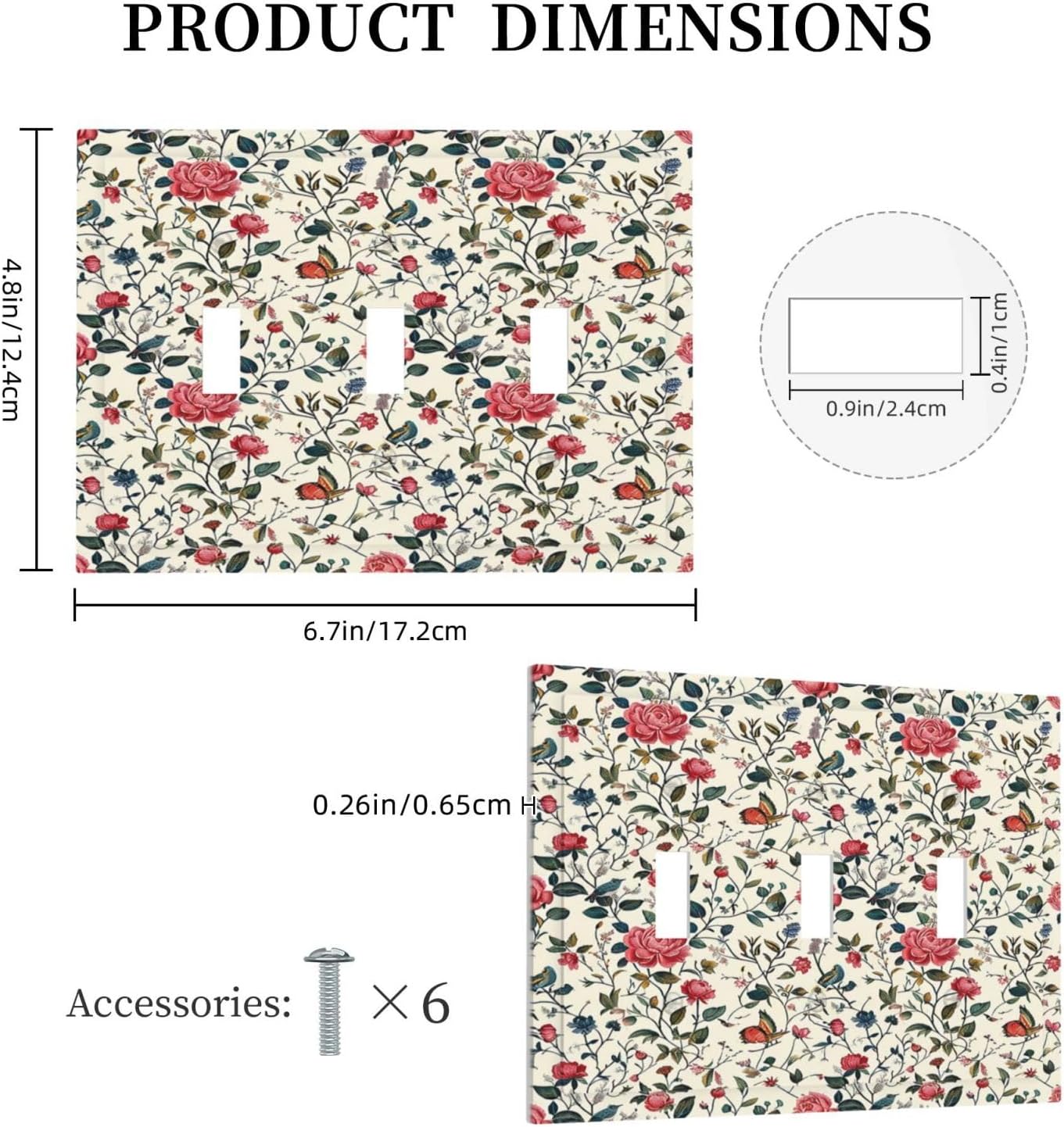 Decorative Switch Plates Vintage Flowers Rose Leaf Bird Butterfly 3 Gang Wall Plate Triple Toggle Light Switch Cover Faceplate Electrical Wall Panels for Bedroom living Room Decor