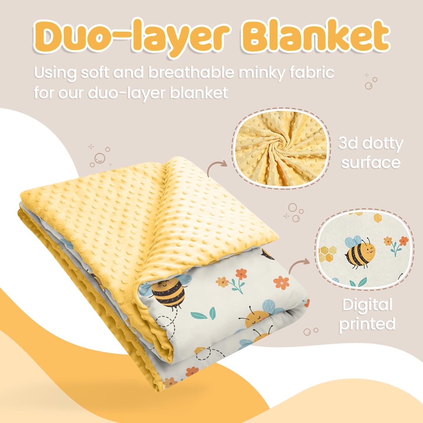 Bee Kid Blankets for Girls - 30 x 40 Soft Minky Blanket with Double Layer Dotted Backing - Gifts
