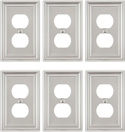 6-Pack Satin Nickel Outlet Cover, Single Duplex Wall Plate for Electrical Outlet, Light Switch, Durable Metal, 3.15''*4.88'', Midsize