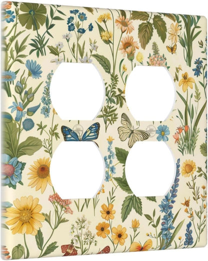 Decorative Outlet Covers Rustic Plant Garden Leaf Flower Butterfly 2 Gang Wall Plate Cover Double Duplex Receptacle Two Switch Light Switch Cover Plate Jumbo Faceplate for Home Decor