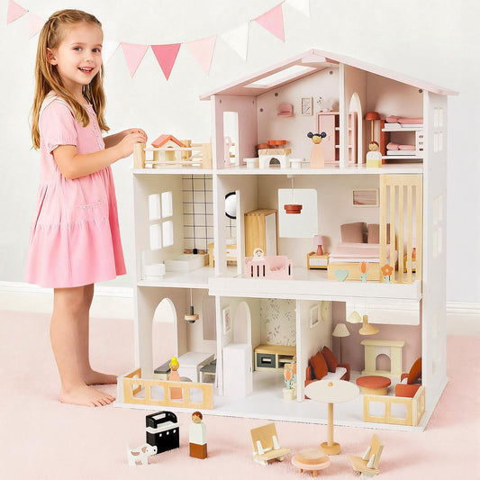 Wooden Doll House, Toddlers Dollhouse for Kids 3+ Year, 8 Rooms Play House
