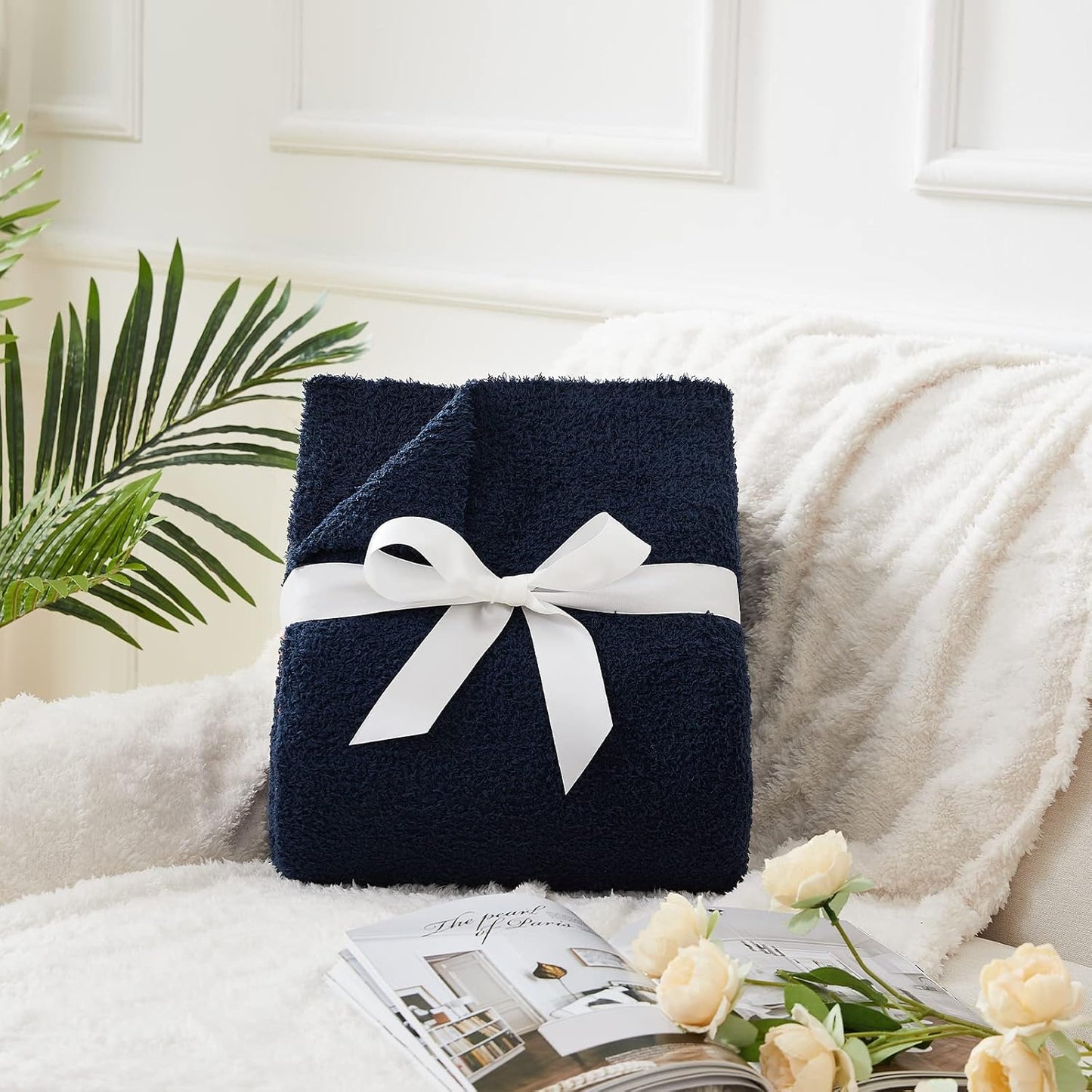 CYMULA Knit Throw Blanket for Couch Navy Blue-Super Soft Lightweight Plush Fuzzy Fluffy Cozy