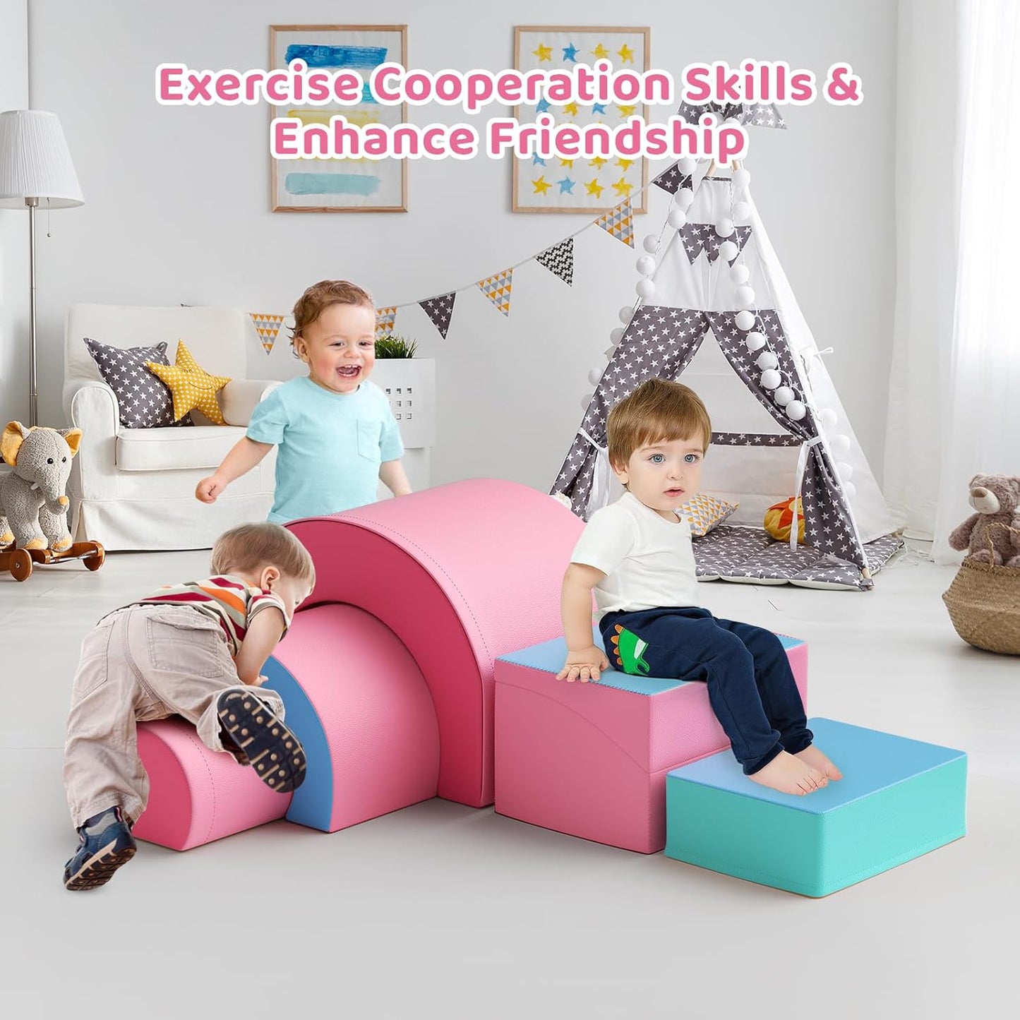 Lischwert Foam Climbing Blocks, Soft Climbing Toys for Toddlers, 5 Pieces Crawl and Climb Foam Playset with Foldable Block and Tunnel, Indoor Climber Activity Play Set for Kids Age 1+(Pink Blue)