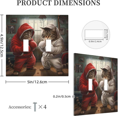 Decorative Switch Covers Plate Funny Red Boxing Cats White Tomcat 2 Gang Wall Plate Unique Double Toggle Light Switch Plate Wall Cover Plate Faceplate for Bedroom Home Decor