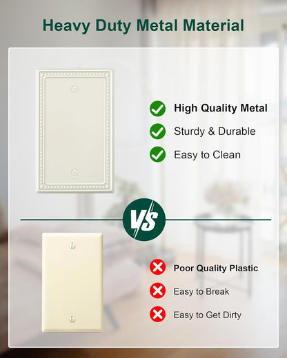 2-Pack Blank Outlet Cover Wall Plate, Metal Switch Plates Outlet Covers, Light Almond Pearls Beaded Decorative Wall Plates for Electrical Outlets