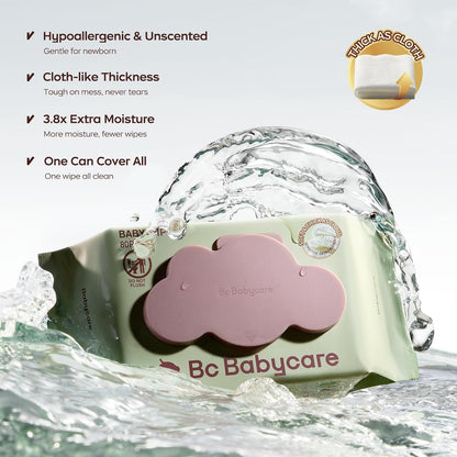 Bc Babycare Cloud Moist Baby Wipes, Thick & XL, 99% Water, Ultra-Hydrating, Unscented, Hypoallergenic for Sensitive Skin, Biodegradable, 8 Flip-Top, 640 Count