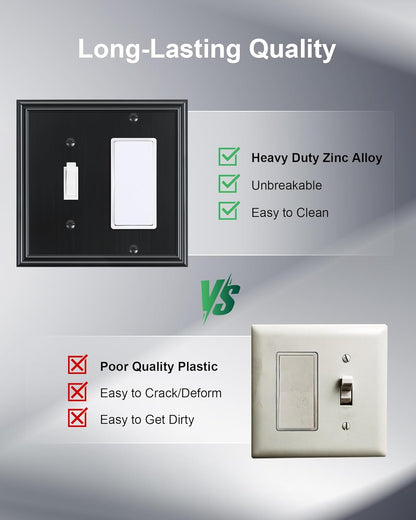 2-Pack Combo Toggle/Decorator Light Switch Cover Plate, Black Decorative Electrical Outlet Covers, Durable Solid Zinc Alloy Wall Switch Plates and Outlet Covers