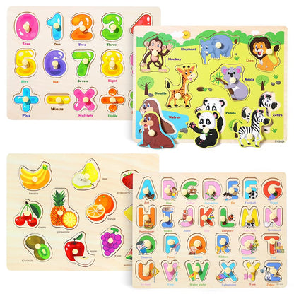 GRINNNIE Wooden Peg Puzzle for Toddlers 3 4 5 Years Old, 4 PCS Montessori Educational Learning