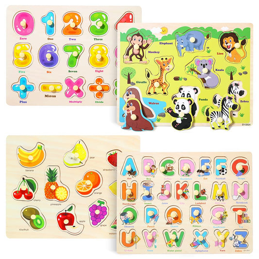 GRINNNIE Wooden Peg Puzzle for Toddlers 3 4 5 Years Old, 4 PCS Montessori Educational Learning