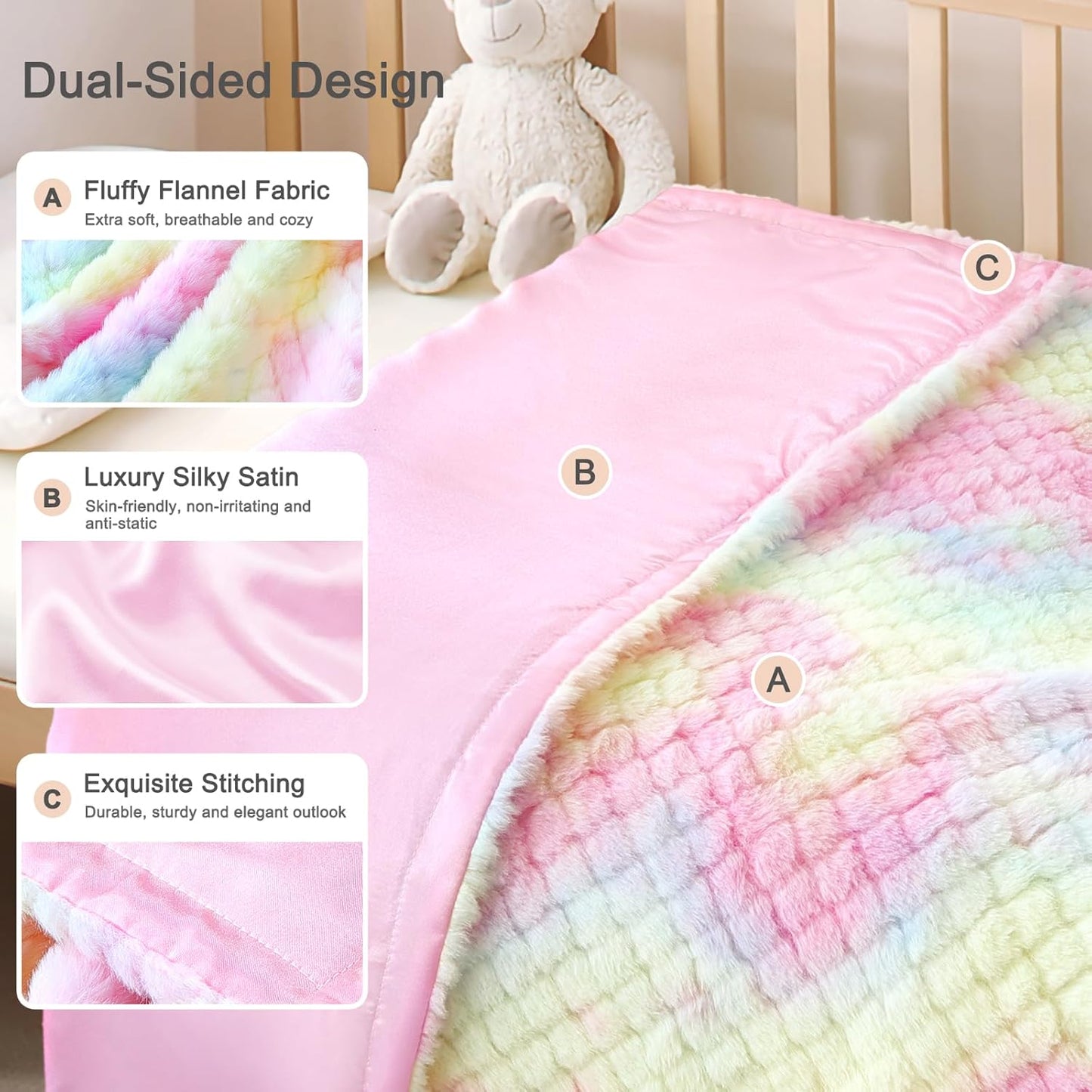 Baby Blanket for Girls Tie Dye Rainbow Fleece Fluffy Fuzzy Blanket with Soft Luxury Silk Silky