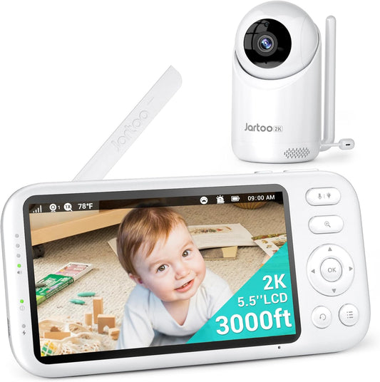 2K Video Baby Monitor with Camera and Audio, 3000ft Long Range Baby Monitor No WiFi 5.5" FHD Screen ANC Baby Camera Wireless, Feeding Clock, Night Vision, 2-Way Talk, AI Cry Detect, 6000mAh