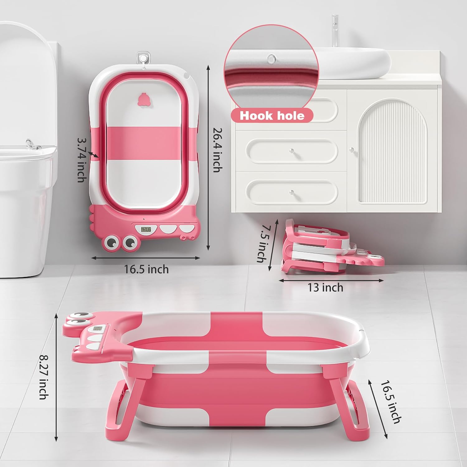 Collapsible Baby Bathtub for Newborn, Foldable Baby Bath Tub with Thermometer & Soft Floating