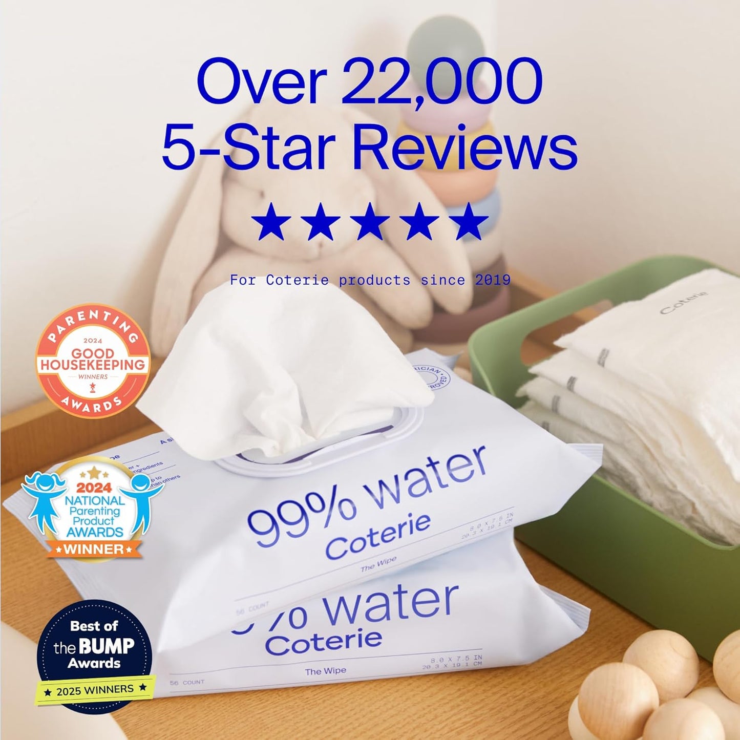 Coterie Baby Wipes for Sensitive Skin, Plant-Based and Plastic-Free Fibers, 99% Water, Hypoallergenic, pH Balanced, Unscented, Clean and Gentle Baby Essentials, 8 Pack, 448 Count