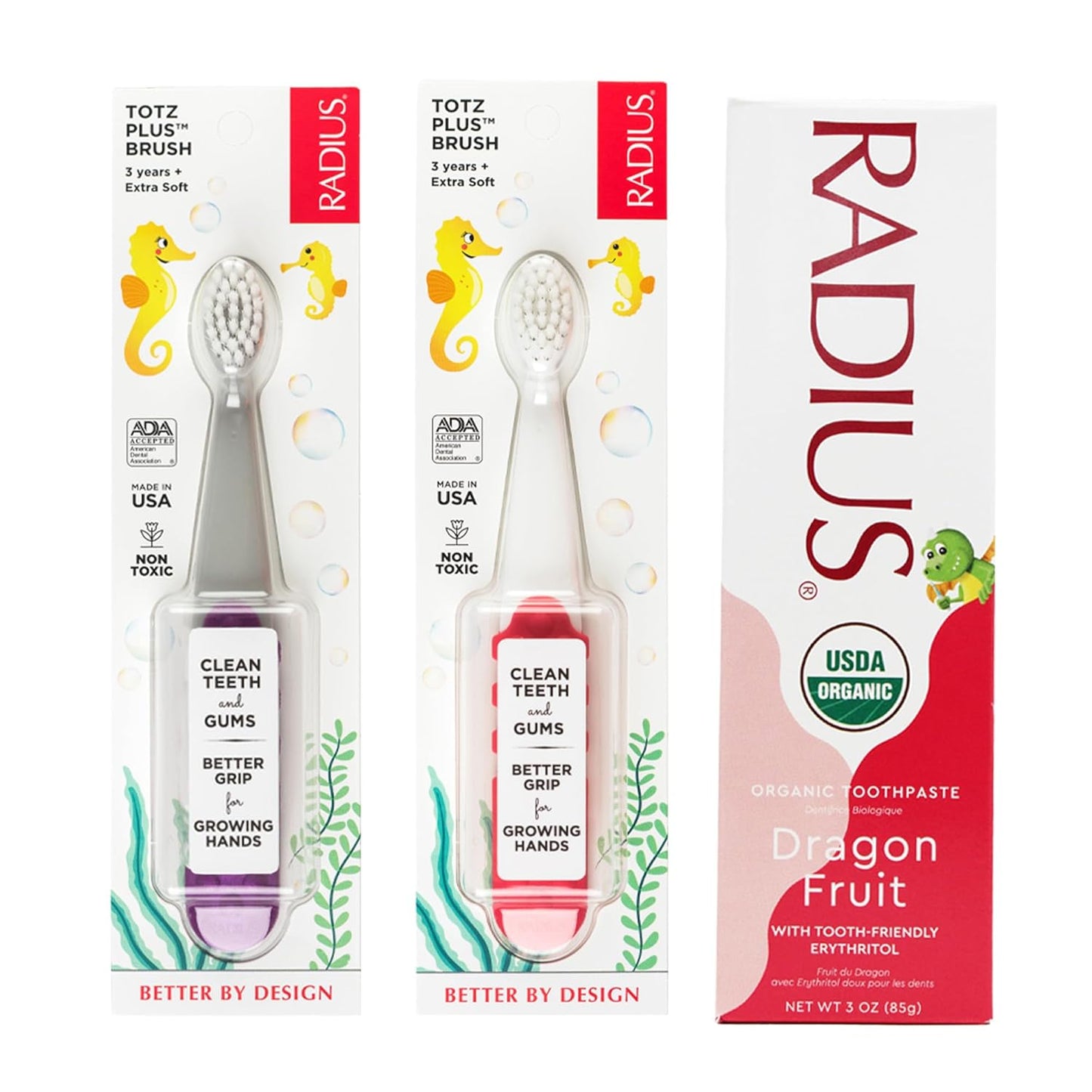 RADIUS Toddler Toothbrush & Toothpaste Bundle for Kids, 2 Pack Totz Plus Silky Soft Brush in