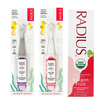 RADIUS Toddler Toothbrush & Toothpaste Bundle for Kids, 2 Pack Totz Plus Silky Soft Brush in