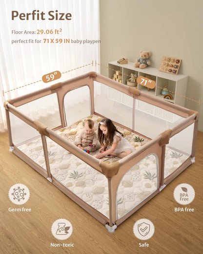 Blissful Diary Baby Play Mats for Floor, 71x59 Inch Extra Thicker & Large Soft Cushioning Foam Playmats for Babies and Toddlers, Foldable Washable Baby Crawling Mat for Playpen, Earth Tones Design