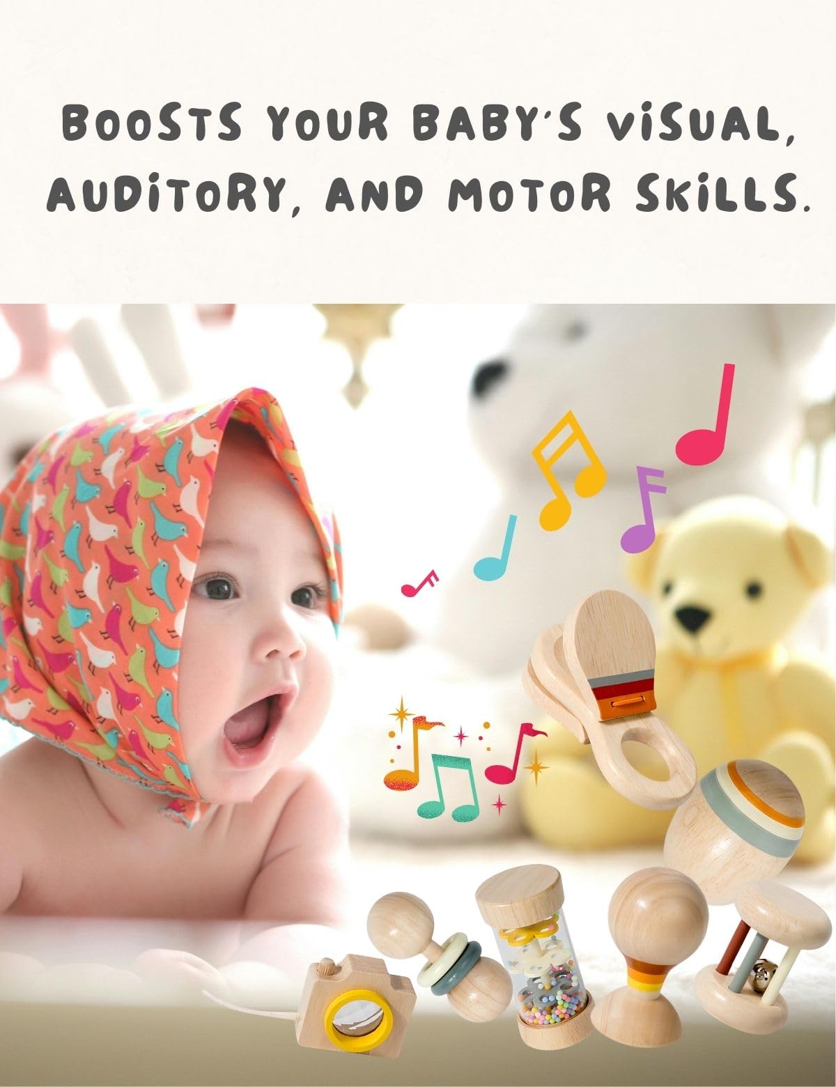 7 Pcs Wooden Baby Toys Set, Organic Rattles & Montessori Musical Toys