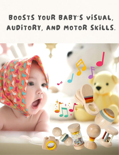 7 Pcs Wooden Baby Toys Set, Organic Rattles & Montessori Musical Toys
