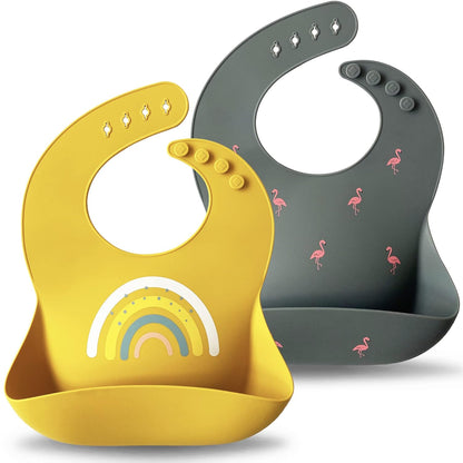 Moonkie Silicone Baby Bibs Set Of 2 | BPA Free Waterproof | Soft Flexible Adjustable Silicone Bibs