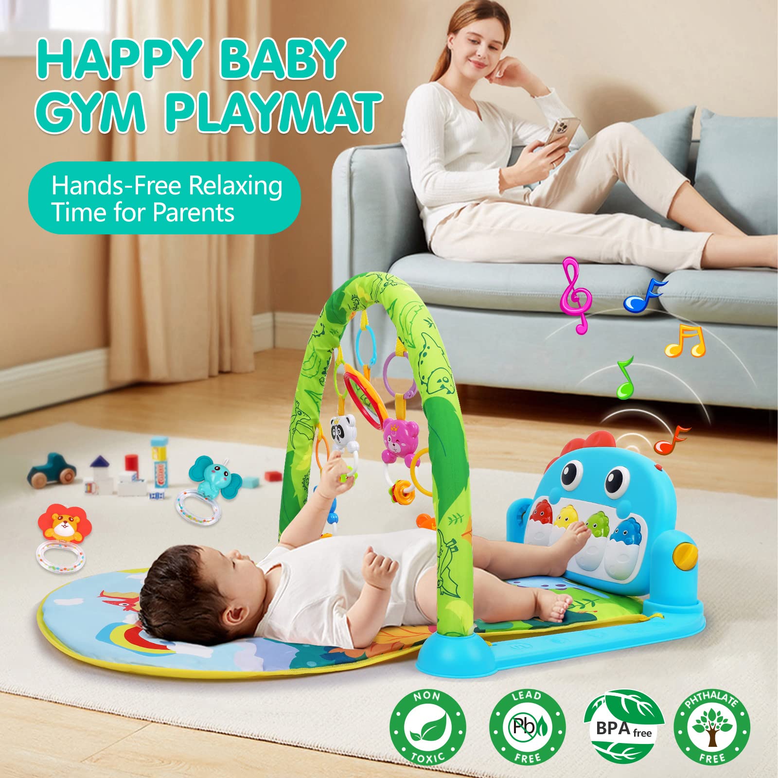 UMIKU Baby Gym Play Mat Baby Gifts Tummy Time Mat Activity Center, Dinosaur
