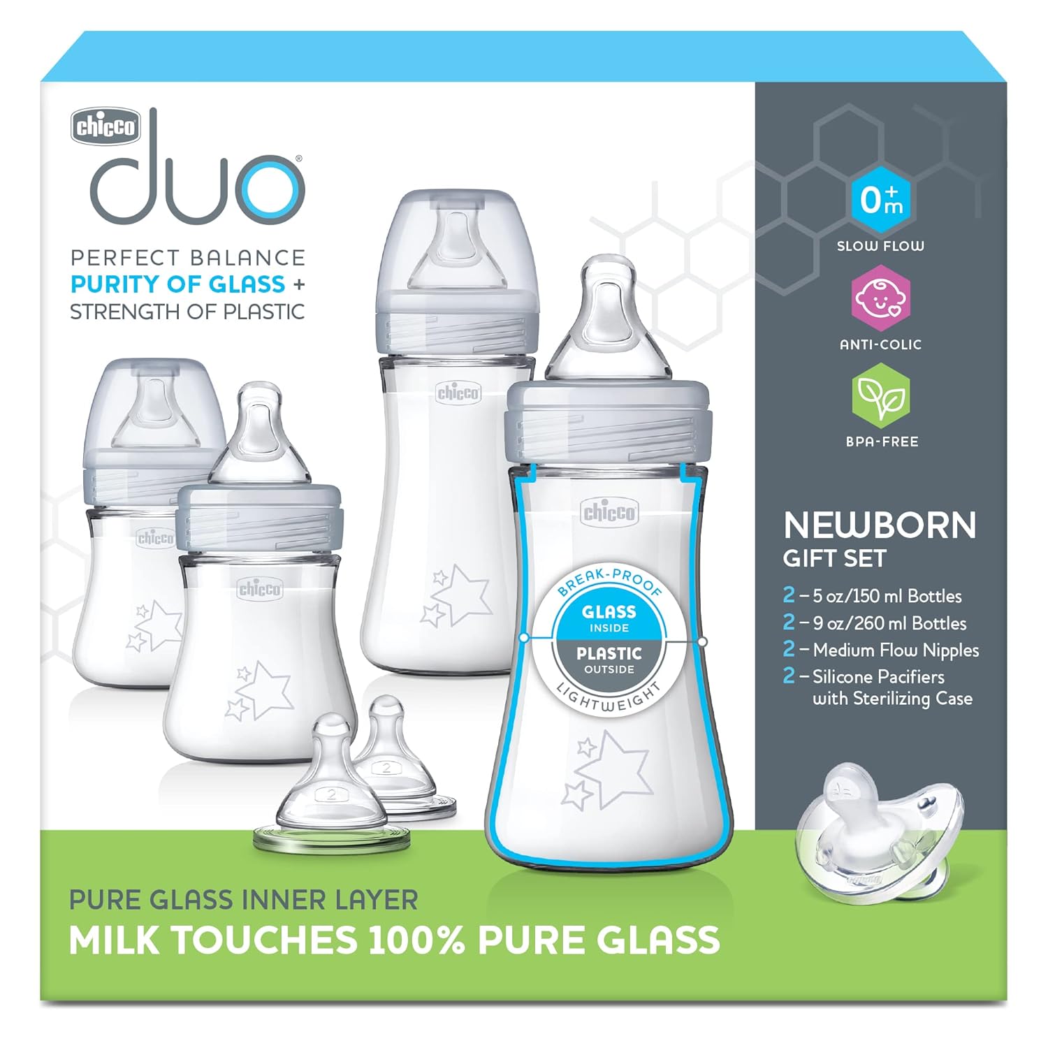 Chicco Duo Newborn Hybrid Baby Bottle Starter Gift Set with Invinci-Glass Inside and Plastic