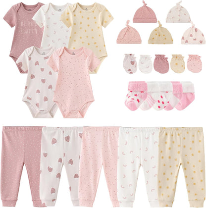 Newborn Layette Gift Set Bodysuits Pants for Baby Girl and Boy 24 Piece 100% Cotton Essentials and Accessories