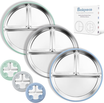 Stainless Steel Suction Plates for Toddlers, 9" Divided Kids Baby Plates with Removable Silicone Suction, Non Toxic Non Slip Portion Control Snack Dishes 3 Packs, Blue Gray Sage