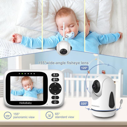 HelloBaby 3.2'' Baby Monitor2 Cameras, Video Audio Baby Monitor No WiFi, Remote Pan-Tilt-Zoom,AUTO Night Vision, ECO, 2-Way Talk,8 Lullabies and 1000ft Range, Temperature, Gifts for Parents and Babies