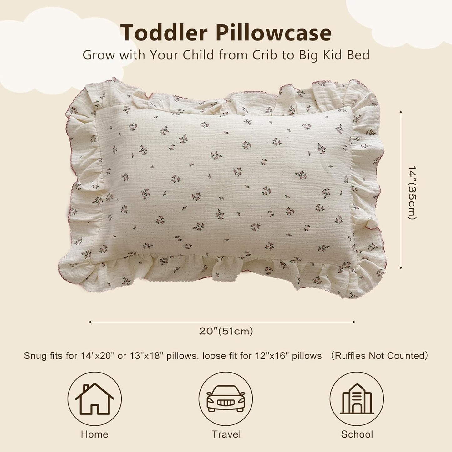 BuLuTu Cotton Muslin Kids Toddler Pillowcase with Ruffles, Chic Shabby Floral Pillow Cases, Girls Pillow Covers Fit 12"x16"/13"x18"/14"x19" Kids Pillow, Envelope Closure, Primrose Pattern, 1 Pack