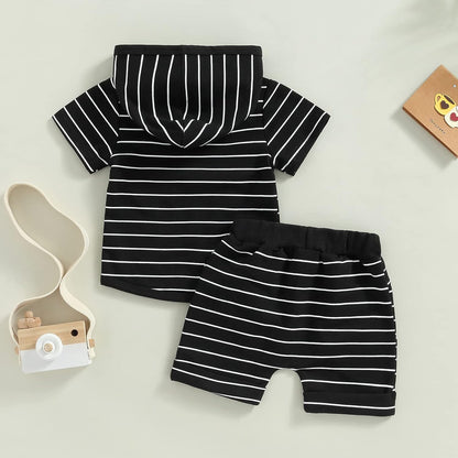 Toddler Baby Boy Summer Hooded Outfit Contrast Color Short Sleeve T Shirt Top Elastic Shorts Summer Clothes Set